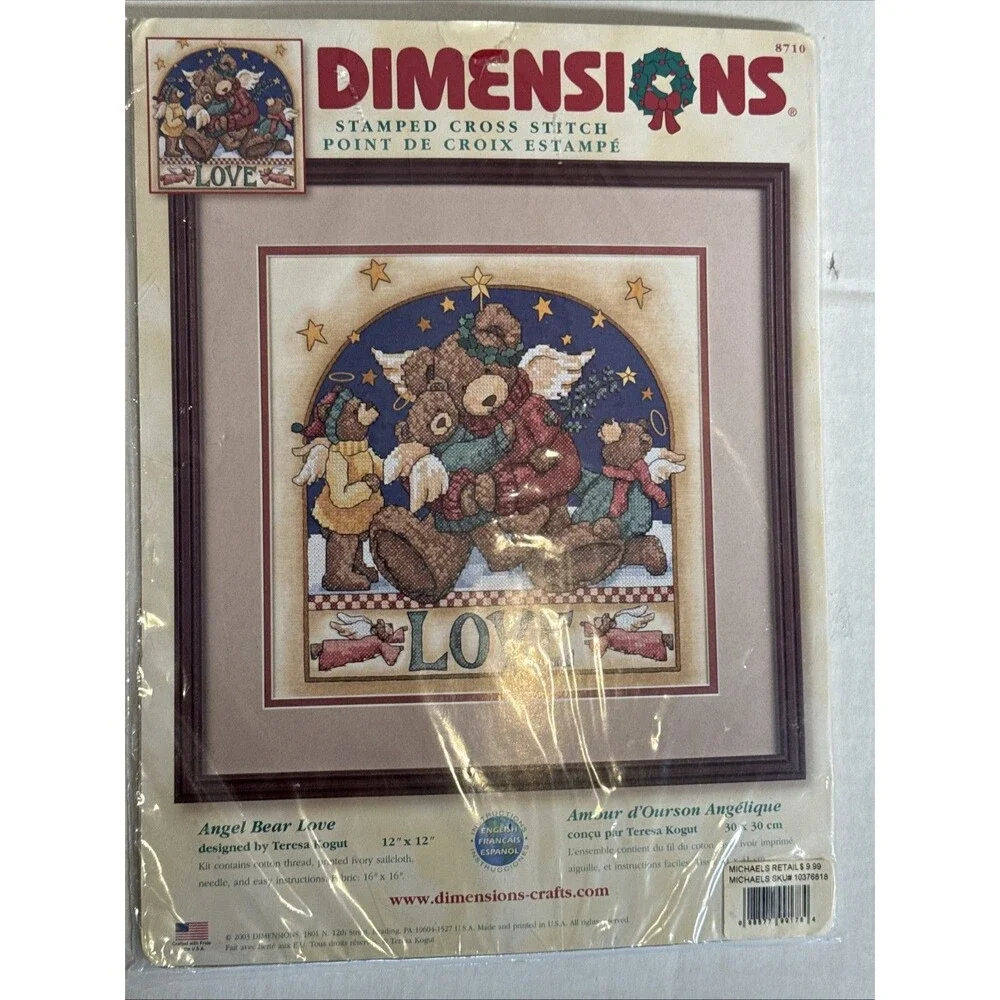 Angel Bear Love Stamped Cross Stitch Kit Dimensions Unworked 12x12 #8710
